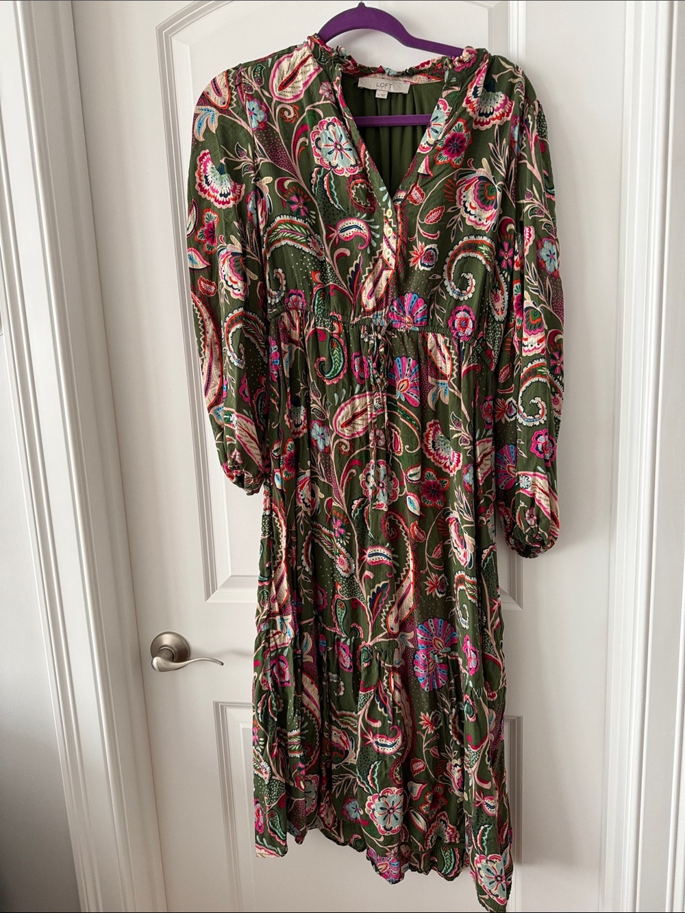 LOFT Olive Paisley Midi Dress with Pink & Cream Details